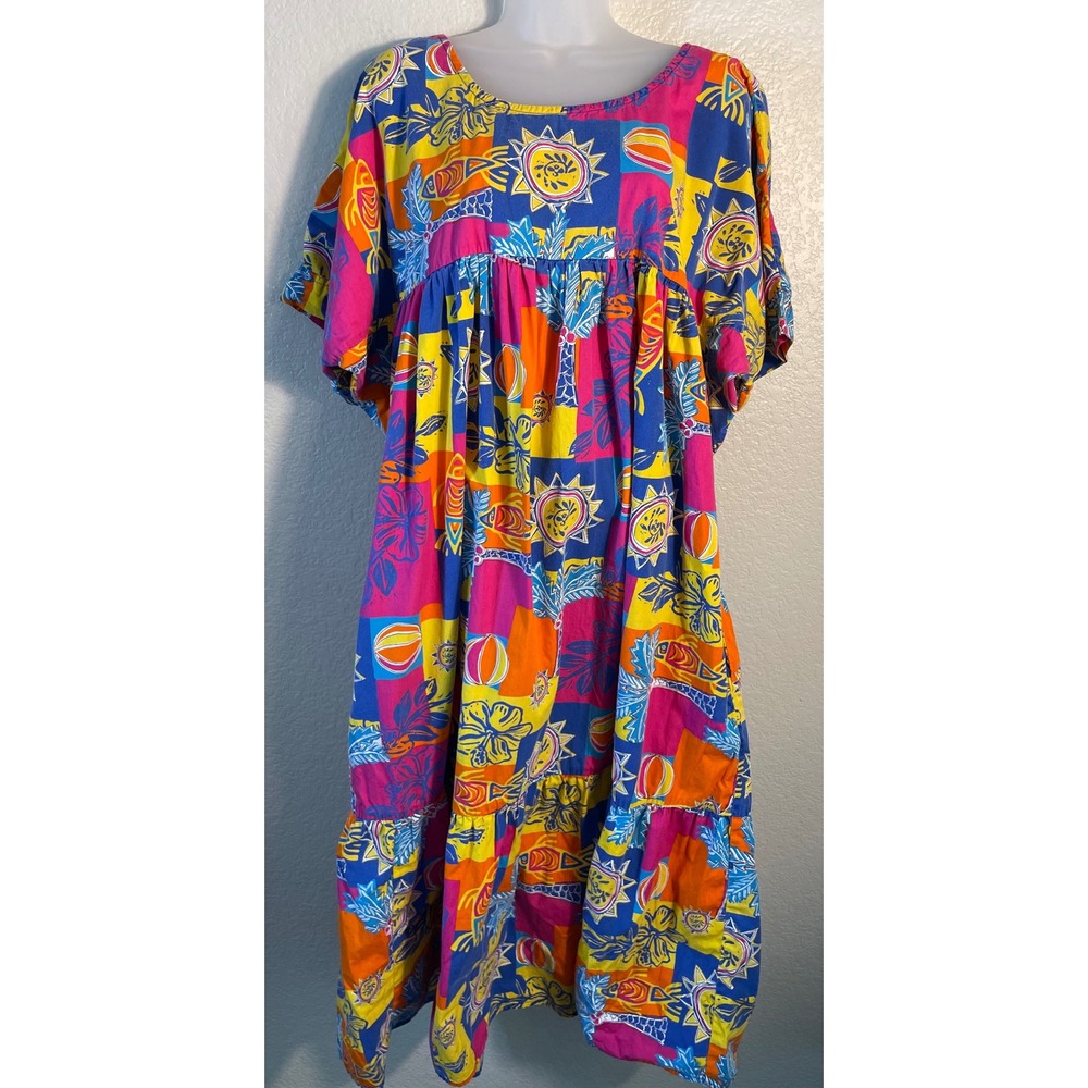 Womens 2X Midi Dress Multicolor Tropical Sun Fish Cotton Tiered Summer Muumuu
